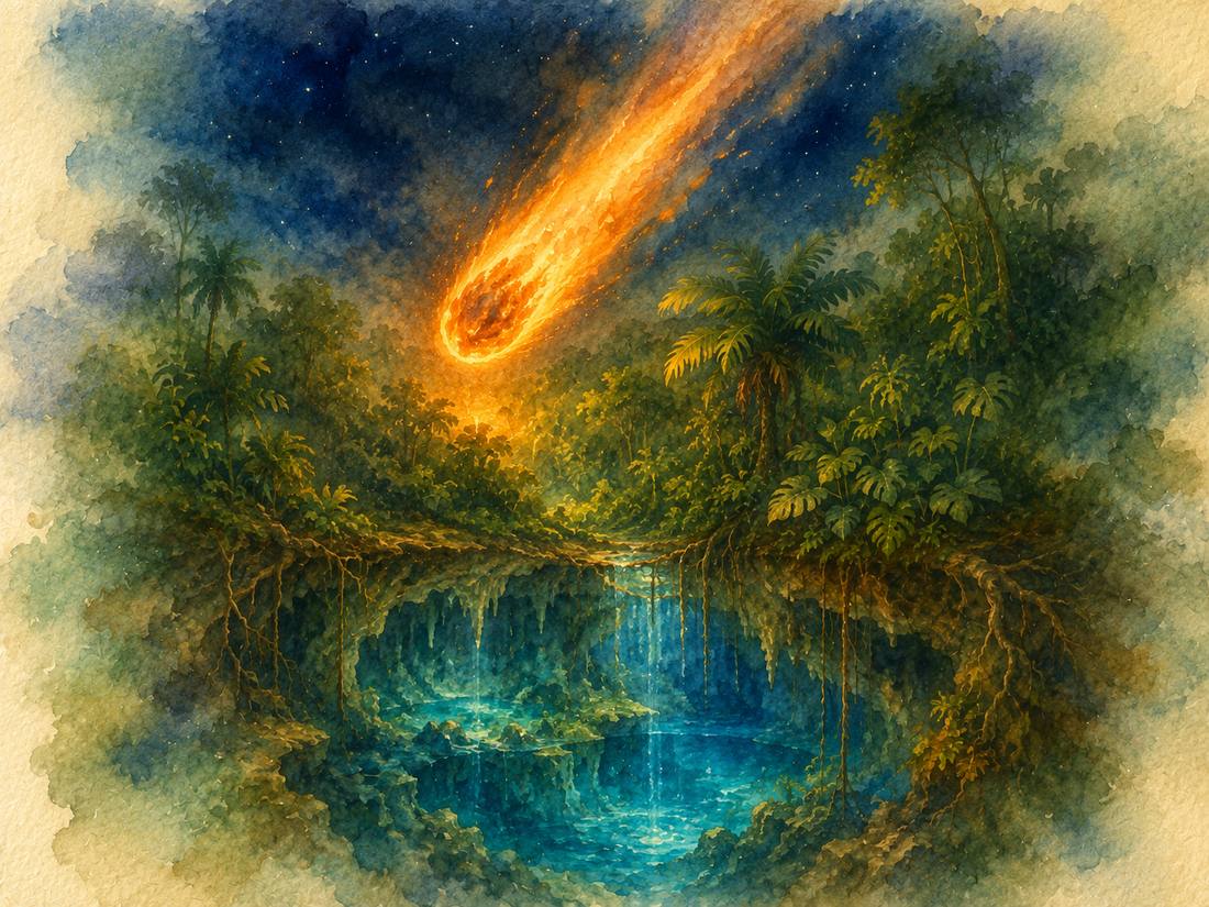 Una estrella de fuego cae sobre la selva hacia un cenote