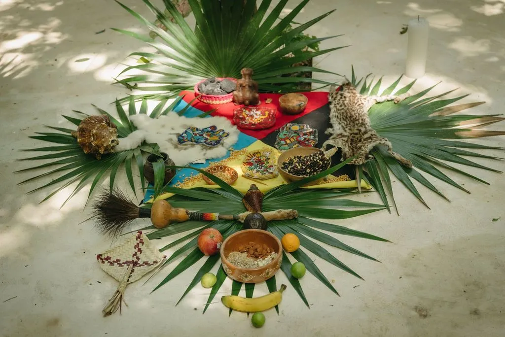 Overhead view of a medicine altar arranged in a mandala pattern on concrete, Lunita Jungle Retreat