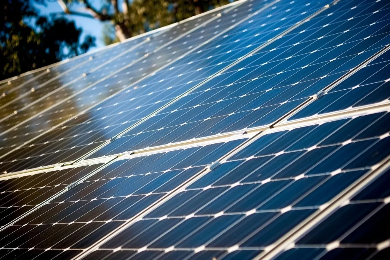 Close-up of solar panel array in bright sunlight, white grid lines and metallic framing sharp, Lunita Jungle Retreat